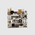 Decorative Ornament Combination on Wooden Shelves with Photo Frames Books Vases Clock and Table Lamp