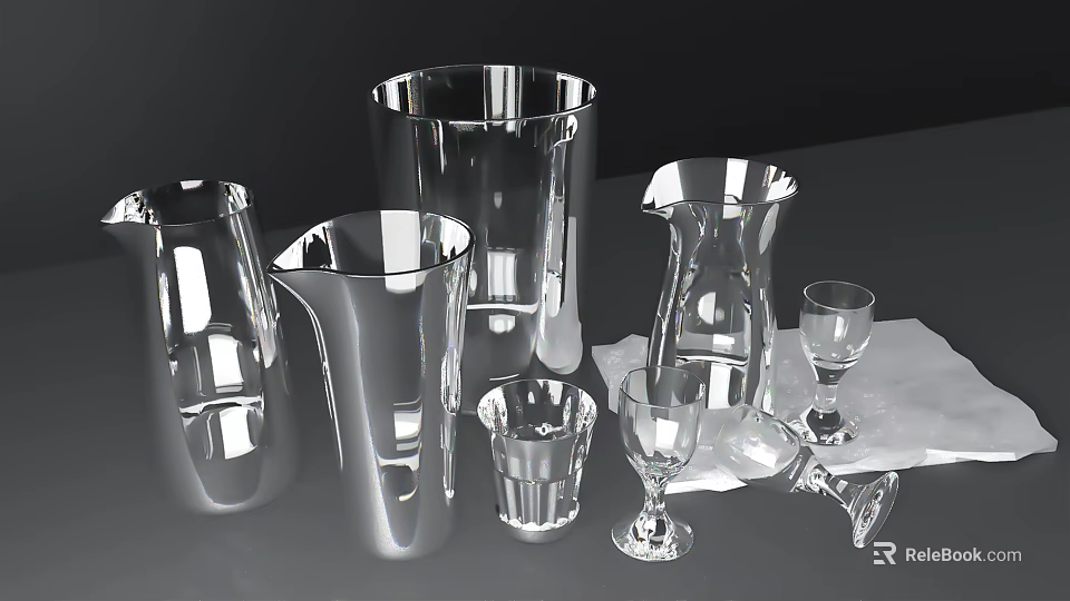 Elegant Glass Wine Glasses and Silver Metal Barware Mixology Tools Set 3d model 