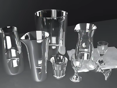 Elegant Glass Wine Glasses and Silver Metal Barware Mixology Tools Set 3d model
