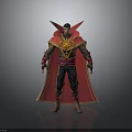 3D Fantasy Character In Standing Pose With Red Cape Golden Accents And Black Outfit