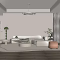 Minimalist Living Room Interior Design With Round Pendant Light Beige Sofa And Wooden Flooring