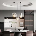 Modern Restaurant Interior With Grey Cabinets Round Dining Table Pink Chairs And Hanging Lamps