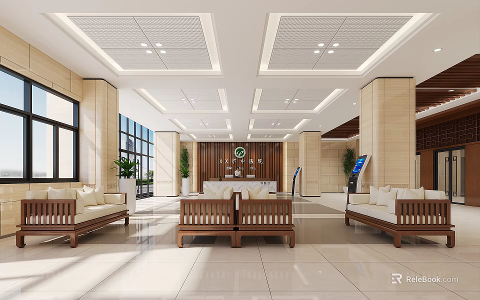 Bright Lobby Interior With Large Windows Wooden Sofas Reception Desk Plants And Tile Floor 3d model 