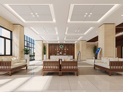 Bright Lobby Interior With Large Windows Wooden Sofas Reception Desk Plants And Tile Floor 3d model