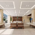Bright Lobby Interior With Large Windows Wooden Sofas Reception Desk Plants And Tile Floor 3d model