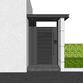 Contemporary Entrance Gate Featuring Dark Louvered Design White Wall Green Hedge And Yellow Step