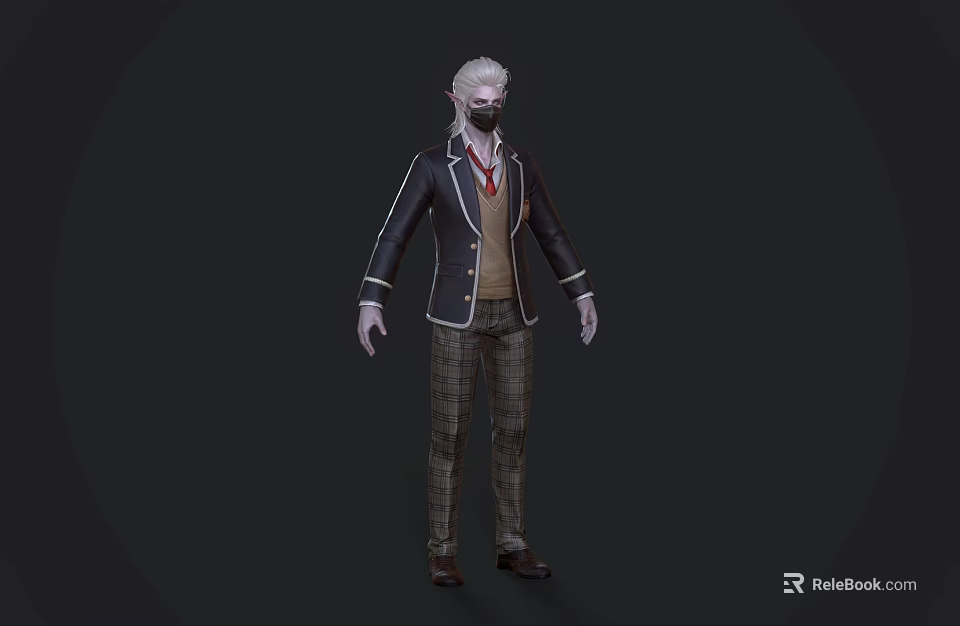 Game Movie Character Design Featuring White Hair Masked Face Black Coat Brown Vest Red Tie 3d model 