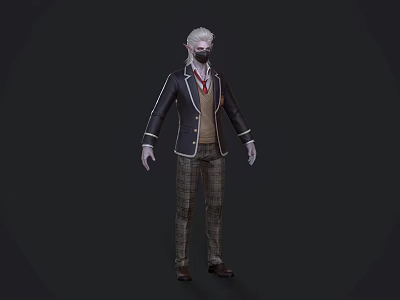 Game Movie Character Design Featuring White Hair Masked Face Black Coat Brown Vest Red Tie 3d model