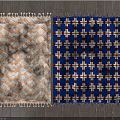 Square Rugs With Beige Brown Diamond Pattern And Blue White Brown Cross Design Fringed Edges