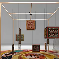 Art Installation With Golden Frame Structure Hanging Decorative Cubes And Colorful Spiral Floor Pattern