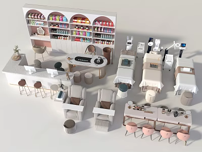 Beauty Salon Display Shelves With Skincare Products Manicure Tools And Seating Interior 3d model