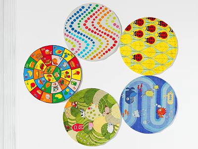 Colorful Round Rugs With Playful Cartoon Animal Wave Patterns For Kids Room 3d model
