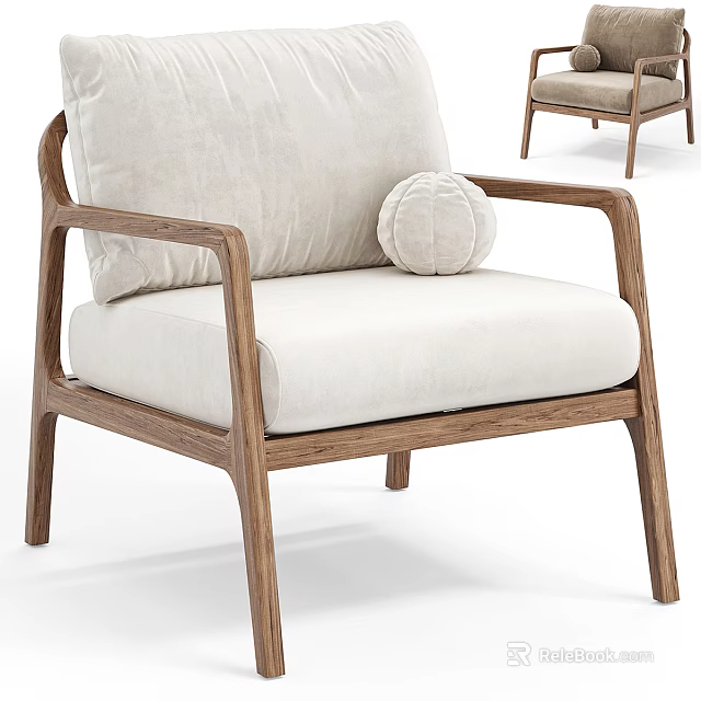 Stylish Modern Armchair With Wooden Frame Beige Cushion And Round Pillow 3d model 