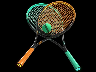 Crossed Tennis Rackets with Green and Orange Frames and Tennis Ball Sports Equipment 3d model