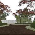 Red Leaved Trees Lining Dirt Path With Green Shrubs Stone Wall And Blue Sky 3d model
