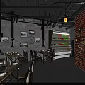 Industrial Style Restaurant Interior With Wooden Bar Metal Structures Dining Tables And Pendant Lights