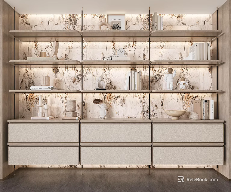 Modern Bookcase Design With Shelves Books Decorative Items Drawers And Floral Wallpaper 3d model 