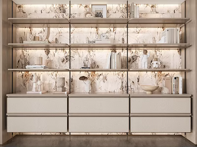 Modern Bookcase Design With Shelves Books Decorative Items Drawers And Floral Wallpaper 3d model