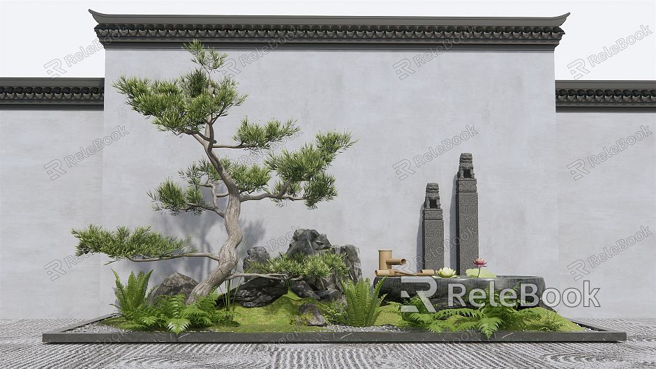 New Chinese style landscape sketch courtyard landscape sketch rockery stone pine tree drop water landscape plant landscape model