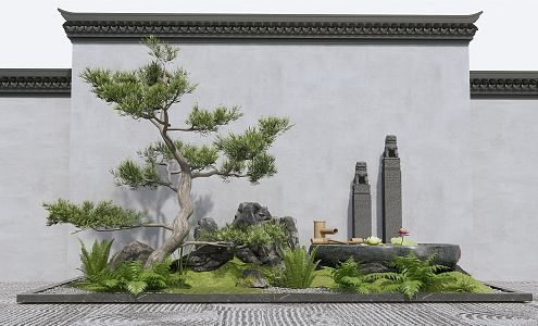 New Chinese style landscape sketch courtyard landscape sketch rockery stone pine tree drop water landscape plant landscape 3d model