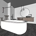 Minimalist Bathroom Interior With Free Standing White Bathtub Round Illuminated Mirror And Wooden Vanity
