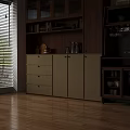 Modern Wooden Sideboard With Glass Doors Beige Cabinets And Decorative Tableware Coffee Machine