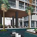 Modern Multi Story Building Exterior With Large Glass Windows Surrounding Greenery And Lawn Area