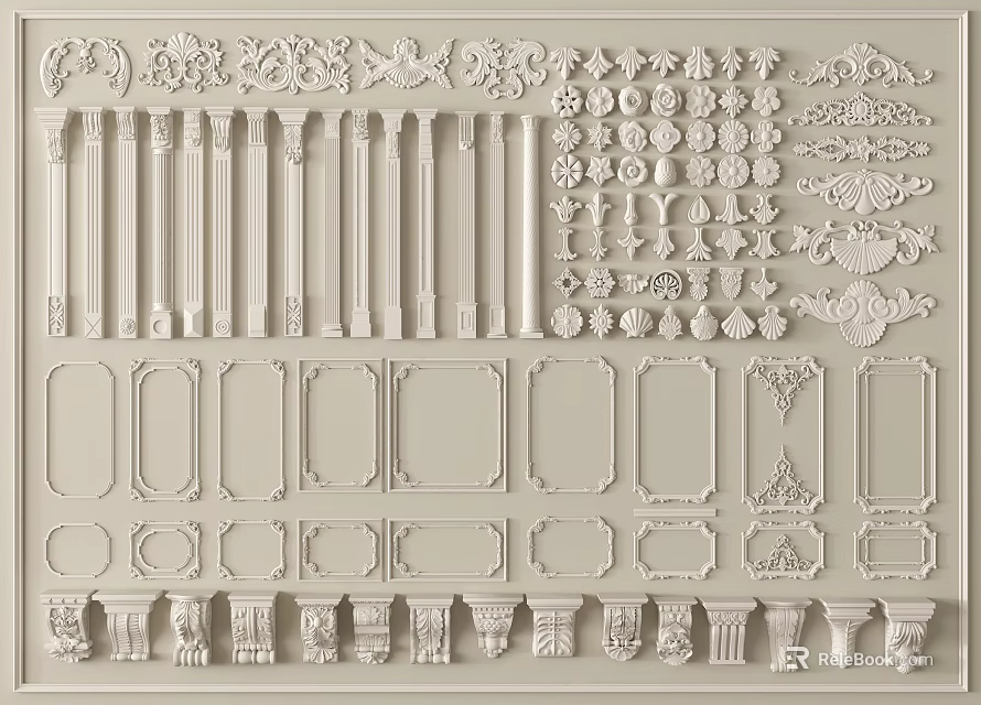 Intricate Carved Decorative Elements Including Columns Frames And Ornamental Patterns 3d model 