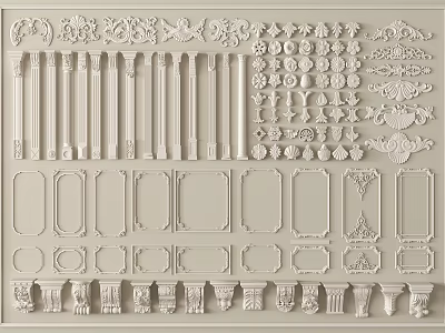 Intricate Carved Decorative Elements Including Columns Frames And Ornamental Patterns 3d model