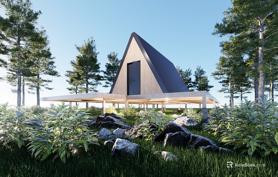 Modern Detached House With Triangular Roof Wooden Exterior Surrounded by Trees And Rocks 3d model 