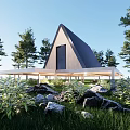 Modern Detached House With Triangular Roof Wooden Exterior Surrounded by Trees And Rocks