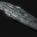 Science Fiction Warship with Metallic Texture Surface Structures and Glowing Blue Lights Against Black Background