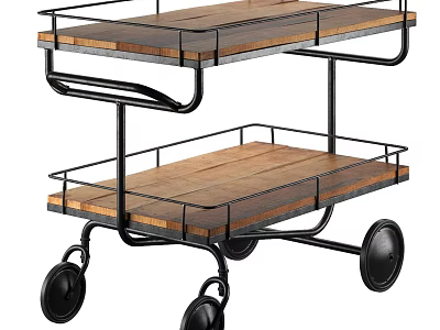 Two Tier Commercial Serving Cart with Wooden Shelves Metal Frame and Wheels 3d model