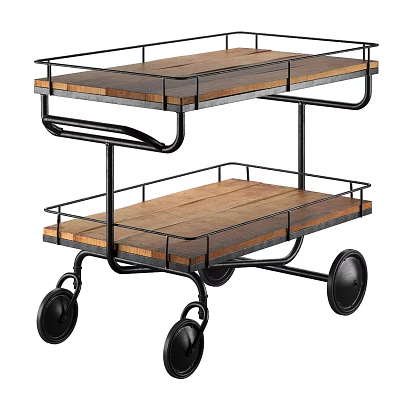 Two Tier Commercial Serving Cart with Wooden Shelves Metal Frame and Wheels 3d model
