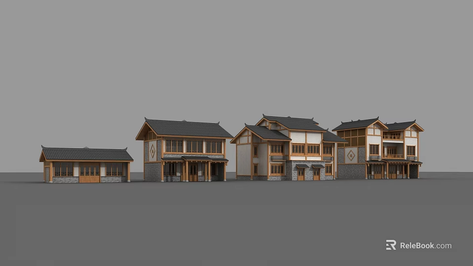 Row of Traditional Chinese Houses with Black Roofs Wooden White Walls and Porches 3d model 