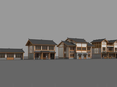 Row of Traditional Chinese Houses with Black Roofs Wooden White Walls and Porches 3d model