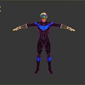 Superhero Character In Black And Blue Costume With Arms Outstretched On Gray Background