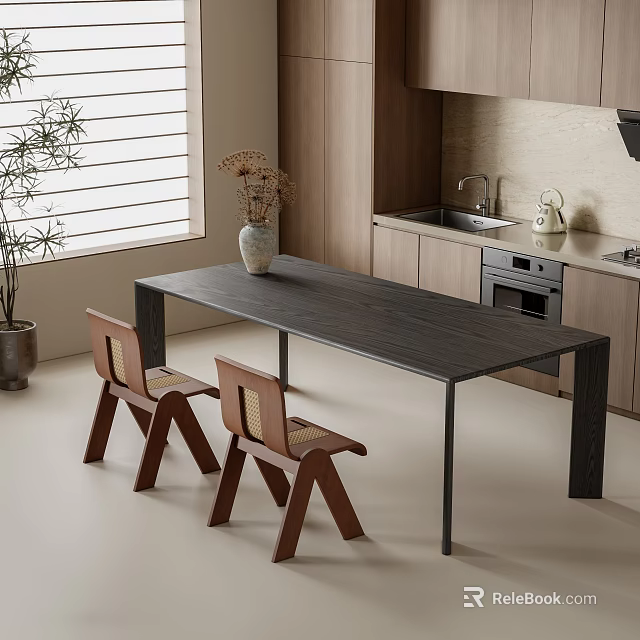 Modern Dining Table Set With Dark Wooden Table And Woven Backrest Chairs In Kitchen Area 3d model 