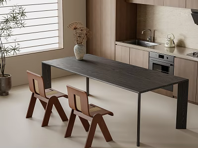 Modern Dining Table Set With Dark Wooden Table And Woven Backrest Chairs In Kitchen Area 3d model