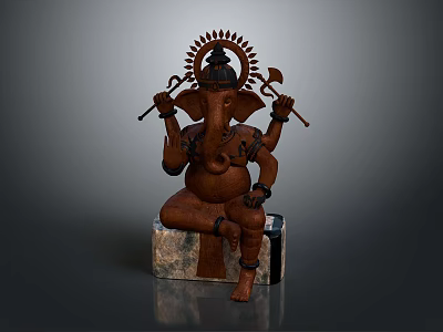 Elephant Headed Ganesh Statue With Multiple Arms Holding Items On Stone Base 3d model