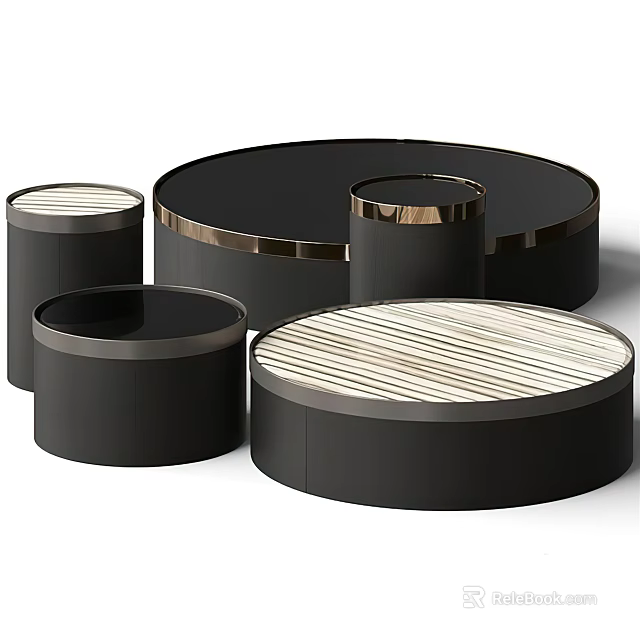 Round Black Coffee Tables With Wooden Striped Top And Metal Trim In Multiple Sizes 3d model 