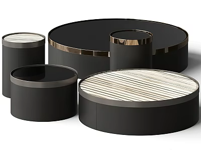 Round Black Coffee Tables With Wooden Striped Top And Metal Trim In Multiple Sizes 3d model