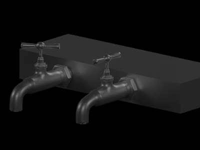 Two Vintage Faucets With Cross Handles Mounted On Black Countertop 3d model