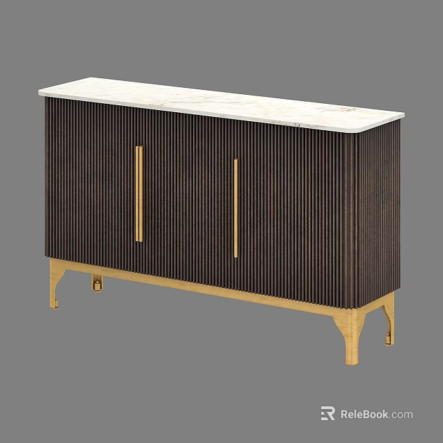 Modern Sideboard With Marble Top Vertical Striped Cabinet Golden Handles And Legs 3d model 