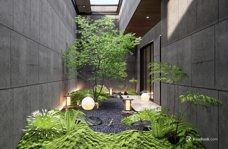 Modern Courtyard Garden Design With Green Plants Stones Lanterns And Skylight 3d model 