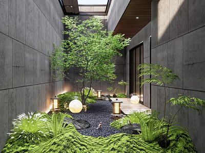 Modern Courtyard Garden Design With Green Plants Stones Lanterns And Skylight 3d model