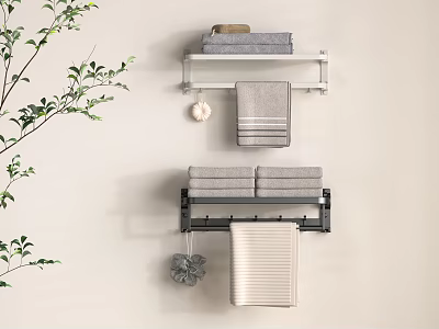 Different Types of Towels Hanging on White and Black Wall Racks With Green Plant Decoration 3d model