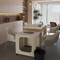 Modern Restaurant Interior With Light Colored Cabinets Dining Table White Chairs Coffee Machine And Plant