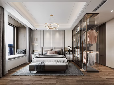 Modern Bedroom Interior Design With Bed Nightstand Chandelier Wardrobe And Floor to Ceiling Window 3d model
