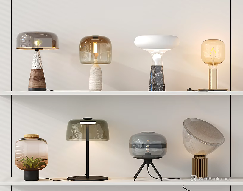 Modern Assorted Table Lamps With Glass Shades And Diverse Bases On Shelf 3d model 